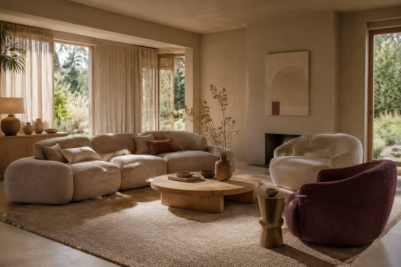 Woonkamer in Healing Home stijl met ronde salontafel, bolle fauteuils en neutrale aardetinten